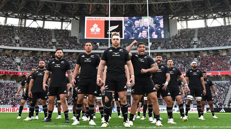 All Blacks captain Sam Cane leads the haka in Tokyo before a Test against Japan last year.