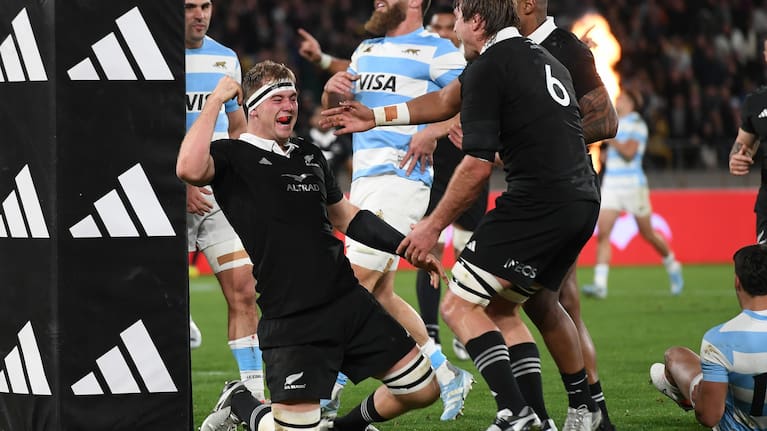 Sam Darry celebrates his first try for the All Blacks.