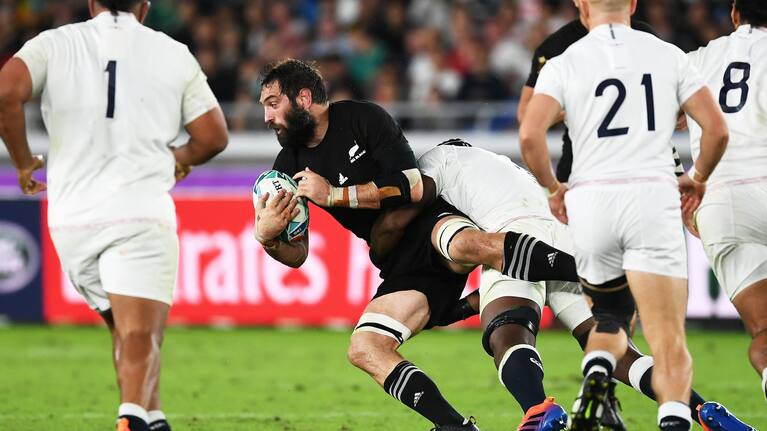 Sam Whitelock, who will celebrate his 150th Test cap on Friday, is hit hard during the semifinal of the 2019 World Cup.