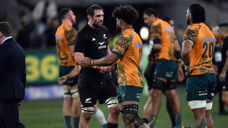All Blacks lock Sam Whitelock, pictured shaking hands with Wallabies loose forward Rob Valetini, is due for a Test start.