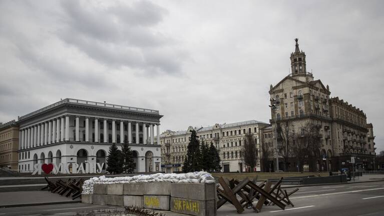 Sandbag barricades are constructed in Kyiv as the Russian attacks continue on Ukraine on March 6.
