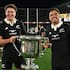 Scott Barrett and Anton Lienert-Brown celebrate retaining the Bledisloe Cup in Sydney.