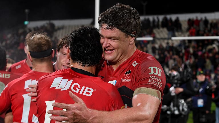 Scott Barrett celebrates the Crusaders' hard-fought semifinal win over the Blues.