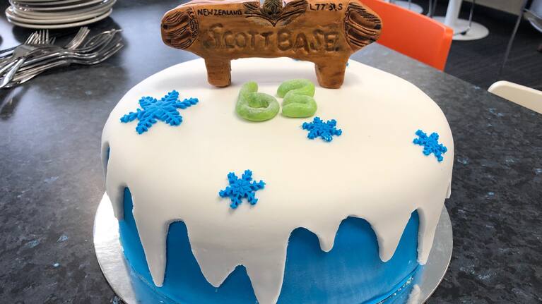 Scott Base's birthday cake in Christchurch included a dash of its iconic green.