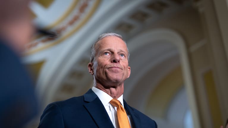Senate Majority Leader John Thune, R-S.D., speaks with reporters following a closed-door meeting of Senate Republicans on day 28 of the government shutdown, at the Capitol in Washington, Tuesday, Oct. 28, 2025