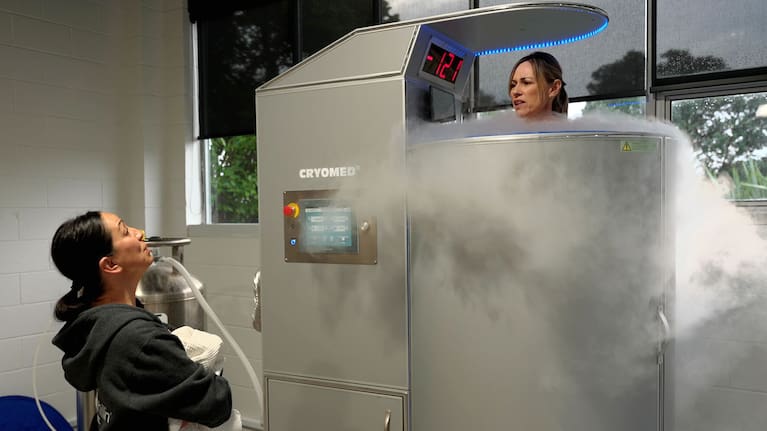Seven Sharp reporter Mary-Jane Aggett enjoys a spot of cryotherapy.