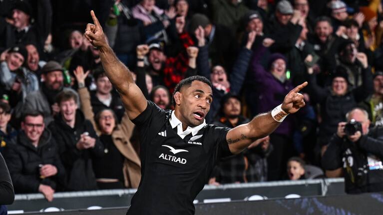 All Blacks wing Sevu Reece celebrates the first try of the Scott Robertson era.