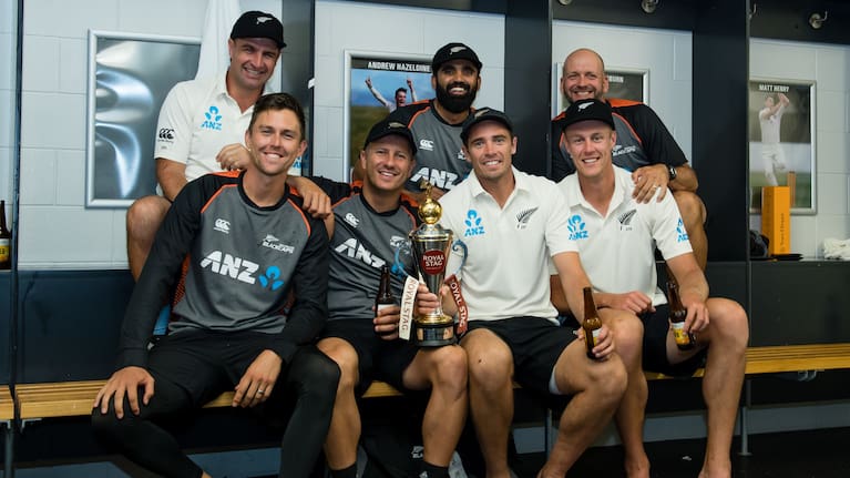 Shane Jurgensen poses with the Black Caps bowling unit after winning the India Test Series in 2020.