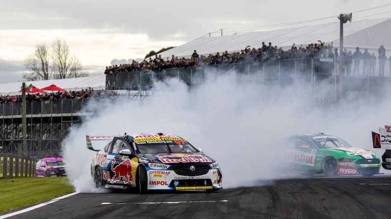 Shane van Gisbergen leaves his mark on the Pukekohe Park track for the last time as he celebrates his dramatic win in race two on Sunday.