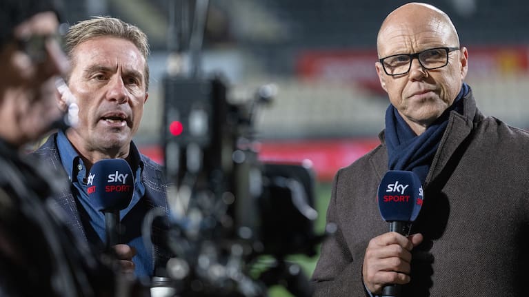 Sky TV presenters Justin Marshall, left, and Jeff Wilson before the recent Super Rugby Pacific final in Christchurch.