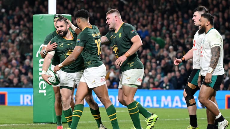 South Africa halfback Cobus Reinach celebrates his try at Aviva Stadium.
