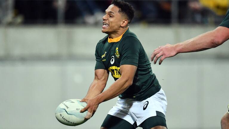South Africa's Herschel Jantjies celebrates his try during the 2019 Investec Rugby Championship game between All Blacks vs South Africa, Westpac Stadium, Wellington, Saturday 27th July 2019.
