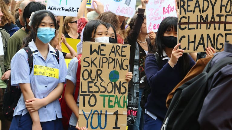 Protestors hold up signs at the Auckland march.