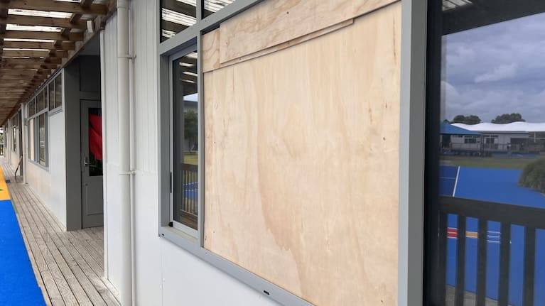 Students returned to Rongomai Primary school on Monday with classroom windows boarded up.