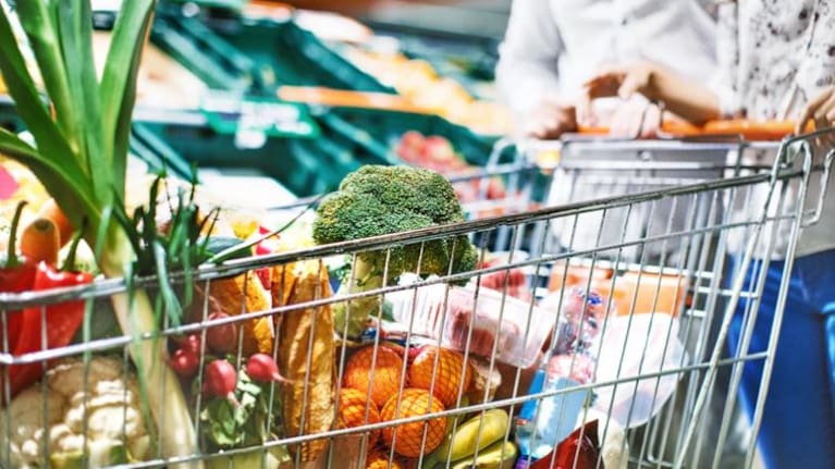 Supermarket trolley of food.