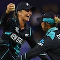 Suzie Bates and Sophie Devine celebrate World Cup semifinal victory.