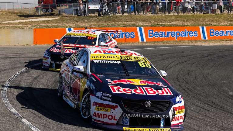 HOBART, AUSTRALIA - APRIL 18: (EDITORS NOTE: A polarizing filter was used for this image.) Jamie Whincup drives the #88 Red Bull Ampol Racing Holden Commodore ZB leads Shane van Gisbergen drives the #97 Red Bull Ampol Holden Commodore ZB during race 2 of the Tasmania SuperSprint which is part of the 2021 Supercars Championship, at Symmons Plains on April 18, 2021 in Hobart, Australia. (Photo by Daniel Kalisz/Getty Images)