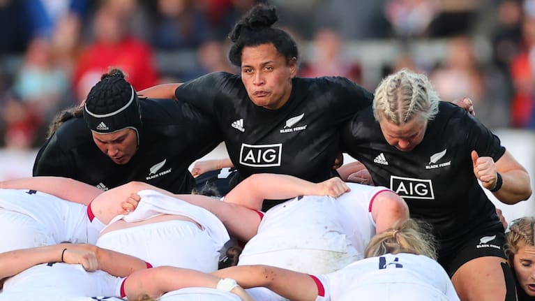 Te Kura Ngata-Aerengamate, middle, packs down in a scrum against England during the Black Ferns' Test defeat last year.