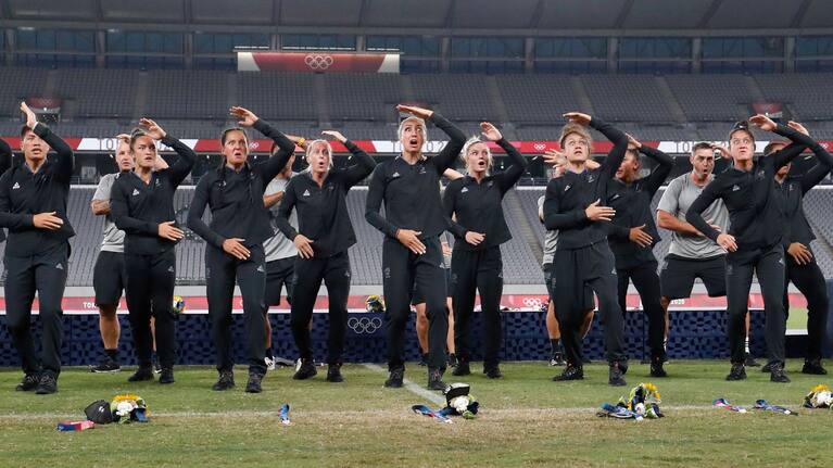 The Black Ferns Sevens perform a haka after their medal ceremony at the Tokyo Olympics.