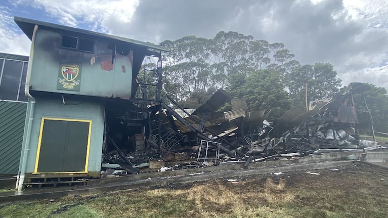 The charred remains of the Marist Saints' clubrooms and pavilion in Mount Albert.