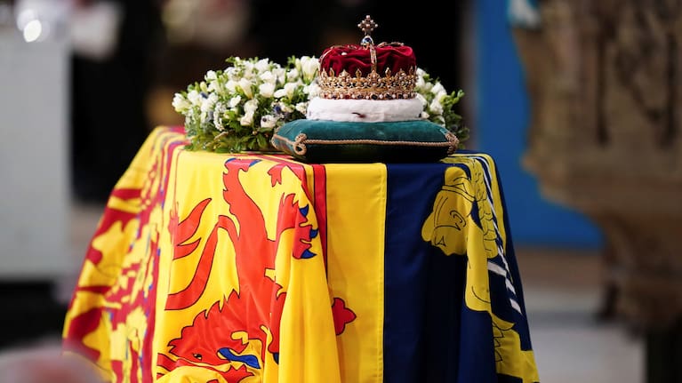 The Crown of Scotland sits atop the coffin of Queen Elizabeth II during a Service of Prayer and Reflection for her life at St Giles' Cathedral, Edinburgh.