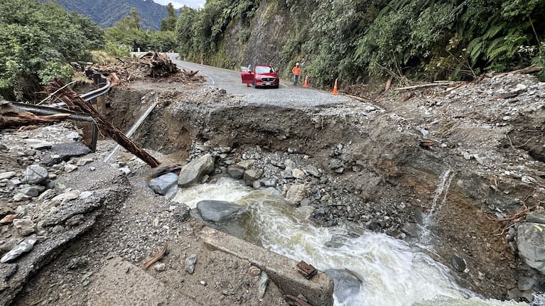 The extent of the washout at Smithy's Creek on State Highway 6, between Franz Josef and Fox Glacier.