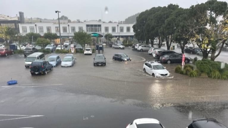The New World supermarket carpark in Devonport, Auckland is flooded.