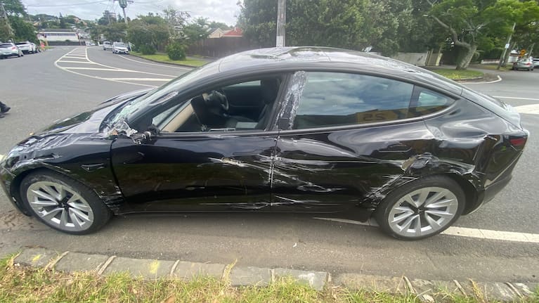 The Tesla after being damaged by the scaffolding.