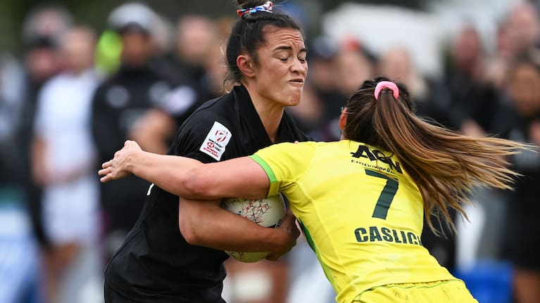 Theresa Fitzpatrick, pictured playing in a sevens match against Australia last year, is about to play her first Test for the Black Ferns since 2019.