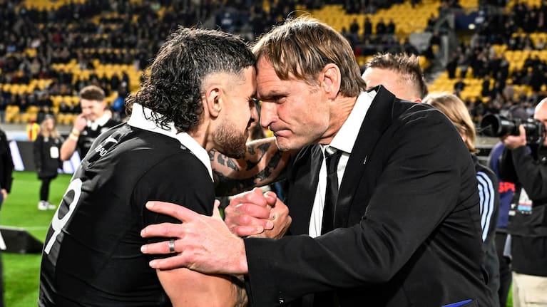 All Blacks halfback TJ Perenara and head coach Scott Robertson hongi at Sky Stadium after the Test win over the Wallabies.