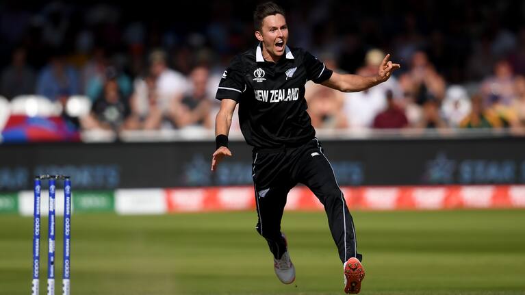 Trent Boult of New Zealand appeals successfully for the wicket of Jason Behrendorff and his hat-trick during the Group Stage match of the ICC Cricket World Cup 2019 between New Zealand and Australia at Lords on June 29, 2019 in London, England.