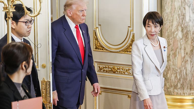 US President Donald Trump, left, and Sanae Takaichi, Japan's prime minister, arrive at a bilateral meeting at the Akasaka Palace state guest house in Tokyo, Japan