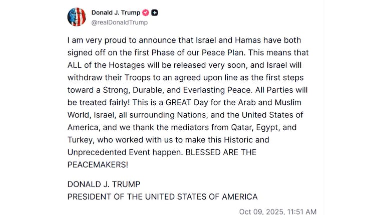 US President Donald Trump says Israel and Hamas have agreed to the “first phase” of his peace plan to pause fighting.