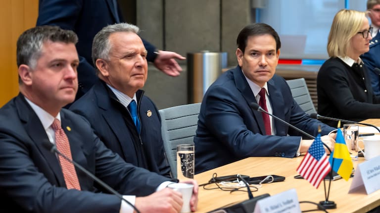 US presidential envoy Steve Witkoff, second left, and US Secretary of state Marco Rubio, right, at the beginning of talks with the Ukrainian delegation at the US Permanent Mission in Geneva, Switzerland.