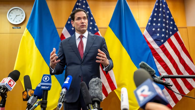 US Secretary of State Marco Rubio talks to the press at the US Mission to International Organizations in Geneva, Switzerland.