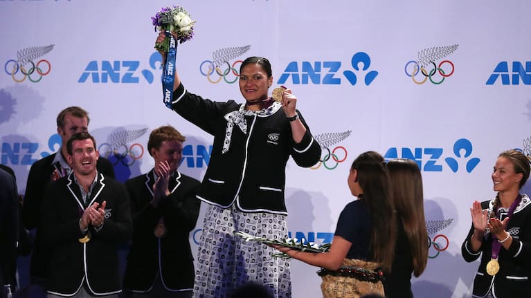 Valerie Adams receives her 2012 Olympic gold medal at a ceremony in Auckland.