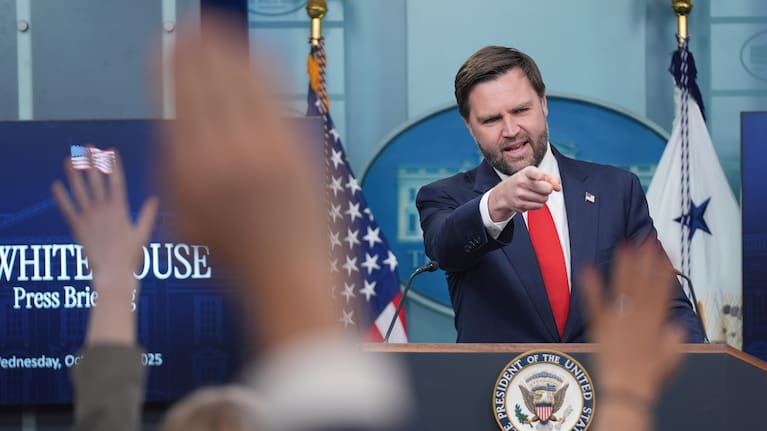 Vice President JD Vance, gestures while speaking with reporters in the James Brady Press Briefing Room at the White House, Wednesday, Oct. 1, 2025, in Washington.