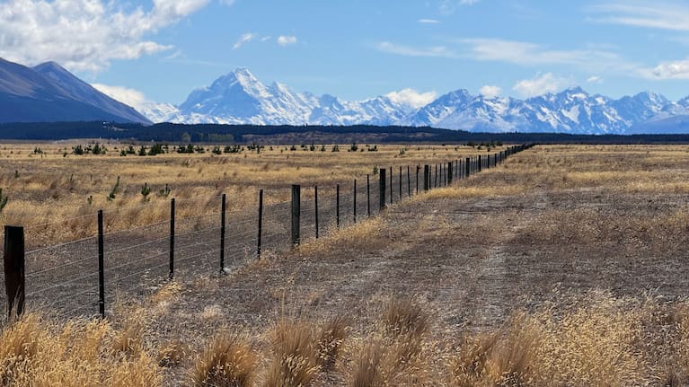 Walking through the Mackenzie country toward Aoraki.