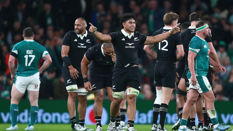 Wallace Sititi celebrates the All Blacks' victory over Ireland in Dublin last year.