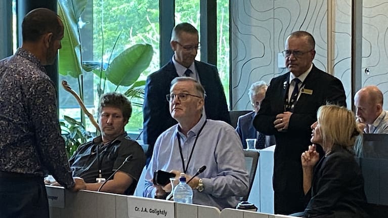 WDC councillor Ken Couper, centre, initially refused to leave today's extraordinary council meeting after being ousted by Mayor Vince Cocurullo.