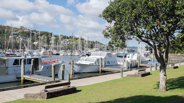 Boats moored at Whangarei Marina in the town basin. Northland, New Zealand, NZ.