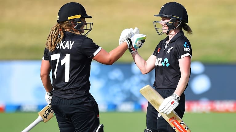 White Ferns players Frankie Mackay and Lauren Down after winning the 3rd ODI against India in Queenstown.