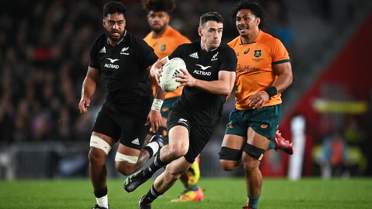 Will Jordan makes a break for the All Blacks against the Wallabies in a Bledisloe Cup Test at Eden Park last year.