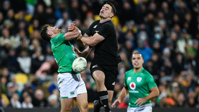 All Blacks wing Will Jordan loses a high ball against Ireland.