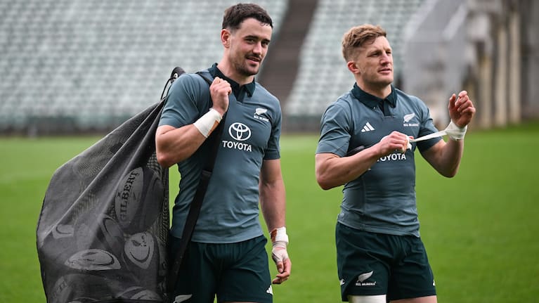 Will Jordan, left, and Damian McKenzie in training in Auckland this week.