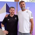 New Zealand Badminton player Wojtek Czyz (left) with his friend Jurgen Klopp, German Football Manager after competing in the men's preliminary round group B on day one of the Paris 2024 Paralympic Games