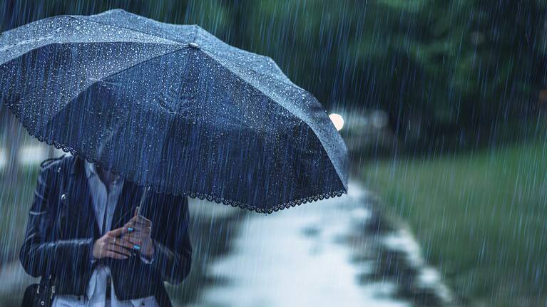 Woman walking with umbrella in rain.