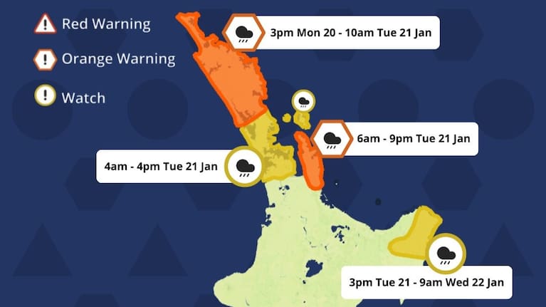 Yellow watches and orange warnings issued on January 20.