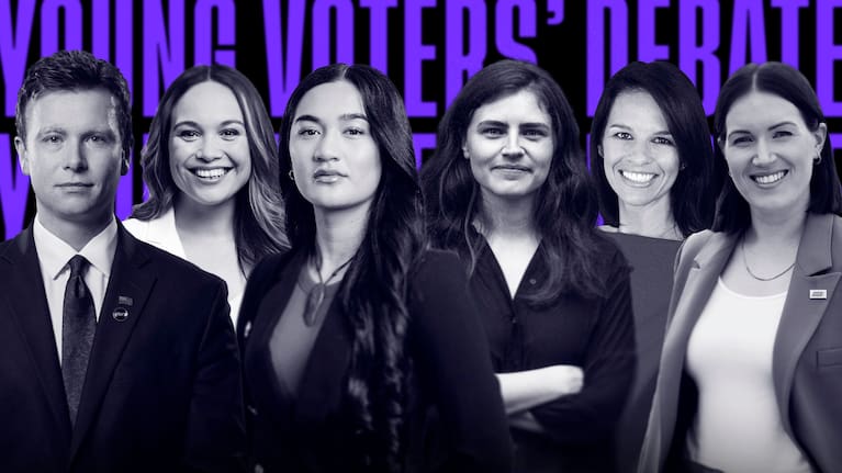 Left to right - Lee Donoghue (NZ First), Arena Williams (Labour), Hana Rawhiti-Maipi (Te Pāti Māori), Chlöe Swarbrick (Greens), Erica Stanford (National), Brooke van Velden (ACT)